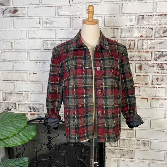 Vintage 90s Sag Harbor Burgundy Green Plaid Womens Button-down Blazer Jacket - Picture 1 of 9